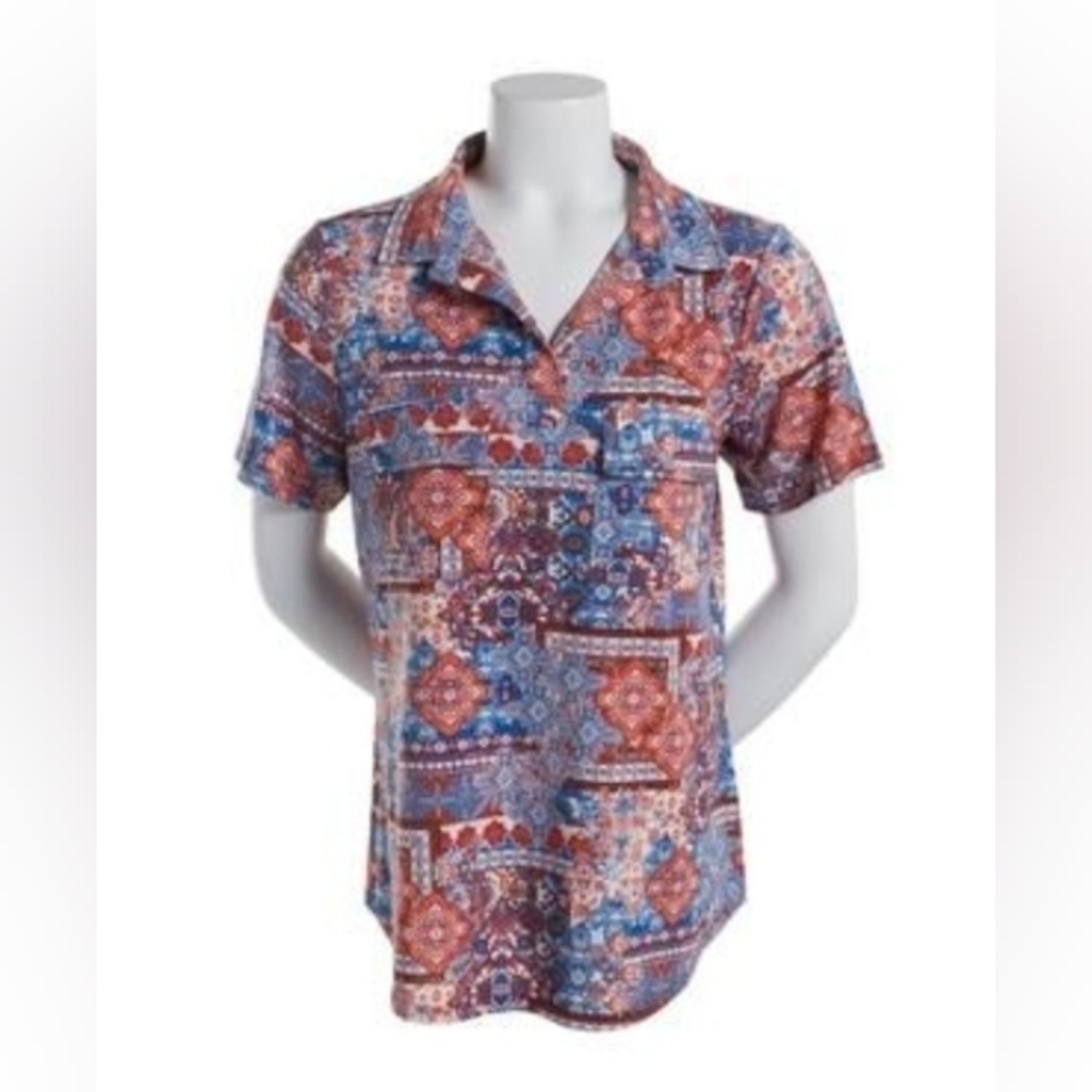 WOMEN'S CURE short Sleeve Patchwork Blouse W/ Pockets Size M